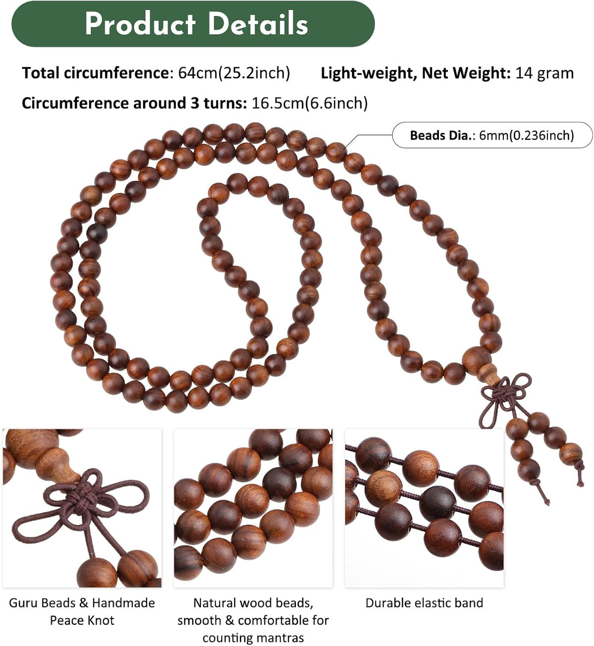 6mm Wooden 108 Tibetan Buddhist Prayer Beads Mala Bracelet