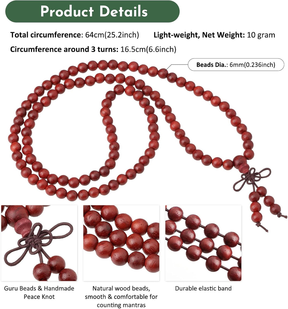 6mm Wooden 108 Tibetan Buddhist Prayer Beads Mala Bracelet
