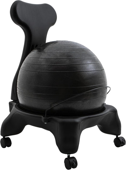 Exercise Ball Chair: FitPro Balance Ball Chair with Wheels and Back Support for Home or Office Use - Includes Hand Pump - Black
