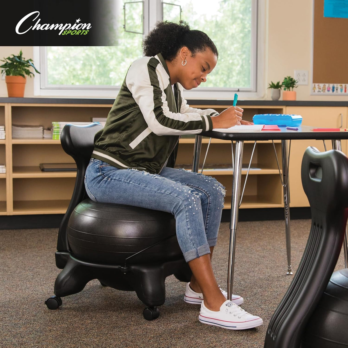 Exercise Ball Chair: FitPro Balance Ball Chair with Wheels and Back Support for Home or Office Use - Includes Hand Pump - Black