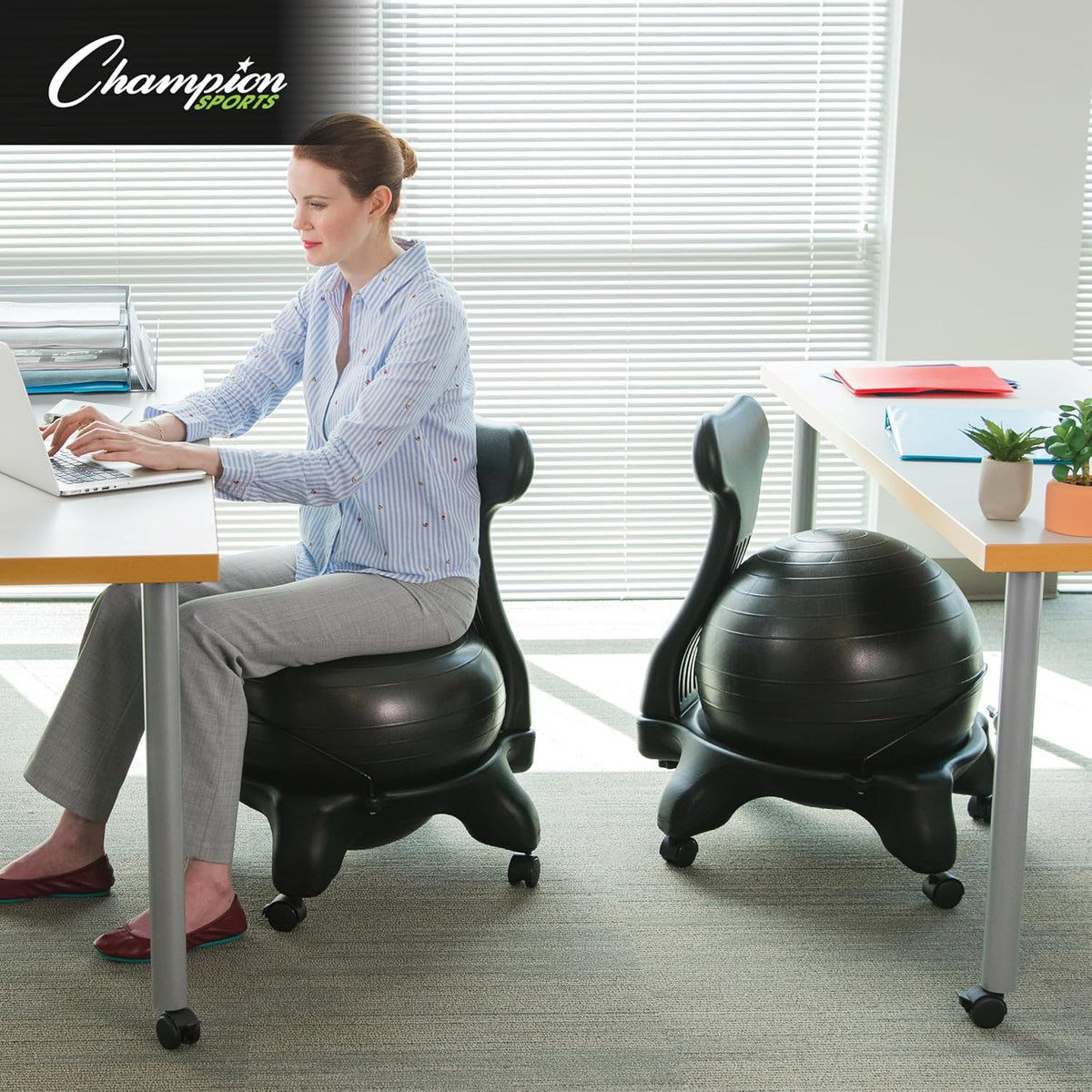 Exercise Ball Chair: FitPro Balance Ball Chair with Wheels and Back Support for Home or Office Use - Includes Hand Pump - Black