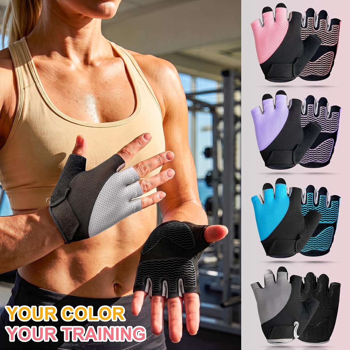 Workout Gloves for Women - Breathable Weight Lifting Gloves with Non-Slip Silicone Padding, Fingerless Gym Gloves for Cycling, Rowing, Pull Ups & Training (4 Sizes)