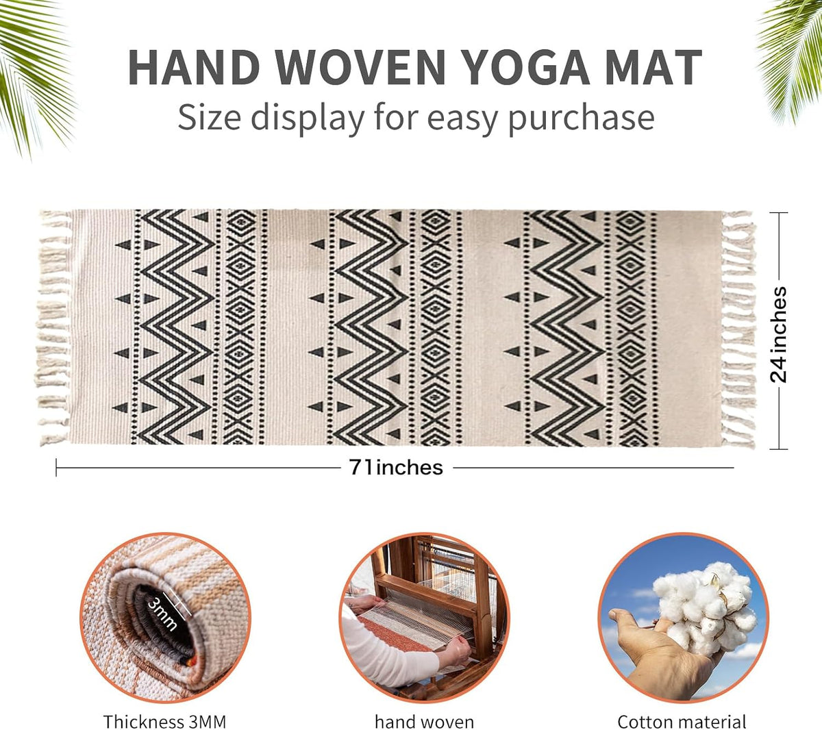 Handmade Organic Yoga Mat made with Organic Cotton Yoga Mat - Non Slip Hand-Woven Foldable Yoga Rug Provides Excellent Comfort, Traction & Support for Indoor & Outdoor Use - 24 x 72 Inches