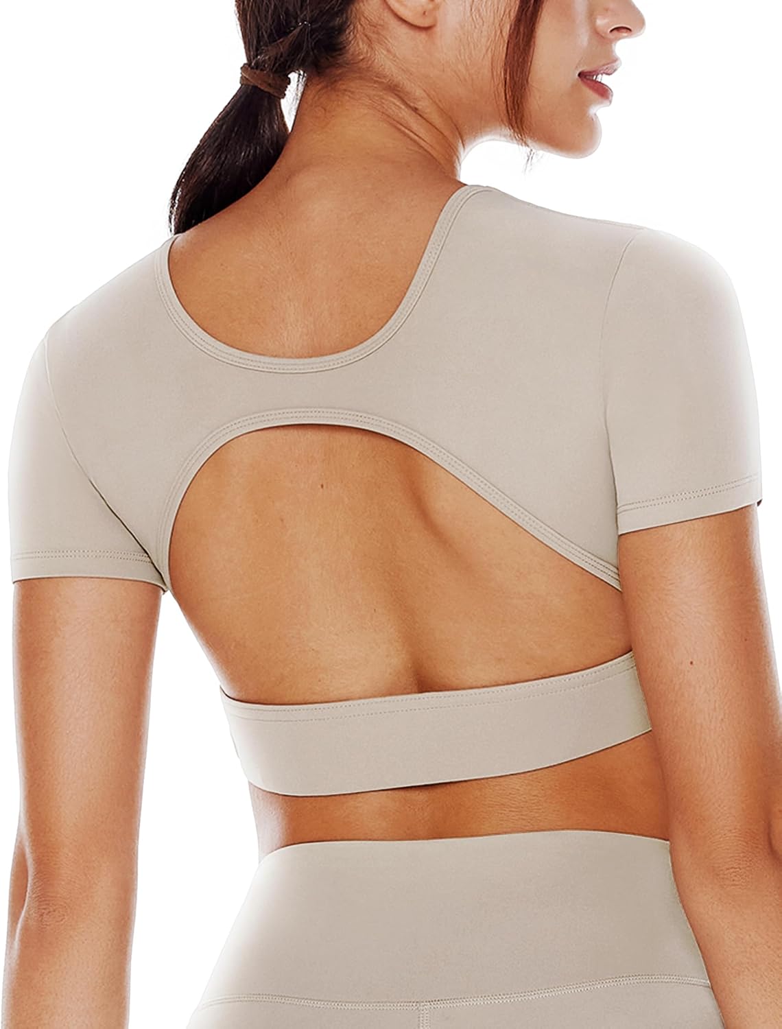 Women's Open Back Workout Crop Tops Short Sleeve Backless Bra