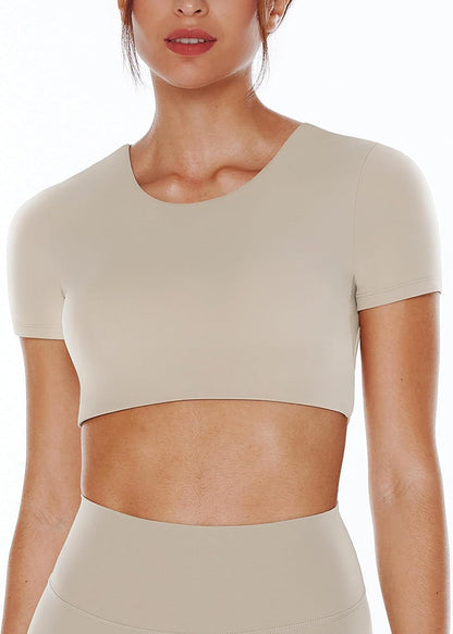 Women's Open Back Workout Crop Tops Short Sleeve Backless Bra