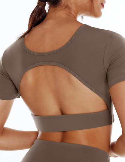 Women's Open Back Workout Crop Tops Short Sleeve Backless Bra