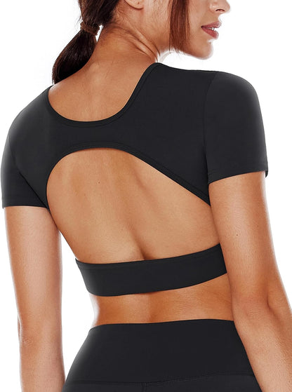 Women's Open Back Workout Crop Tops Short Sleeve Backless Bra