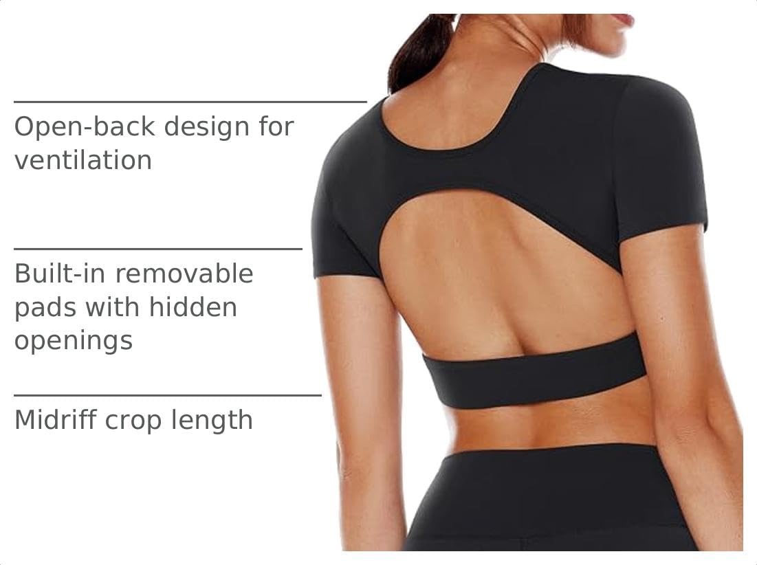 Women's Open Back Workout Crop Tops Short Sleeve Backless Bra