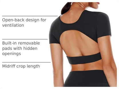 Women's Open Back Workout Crop Tops Short Sleeve Backless Bra