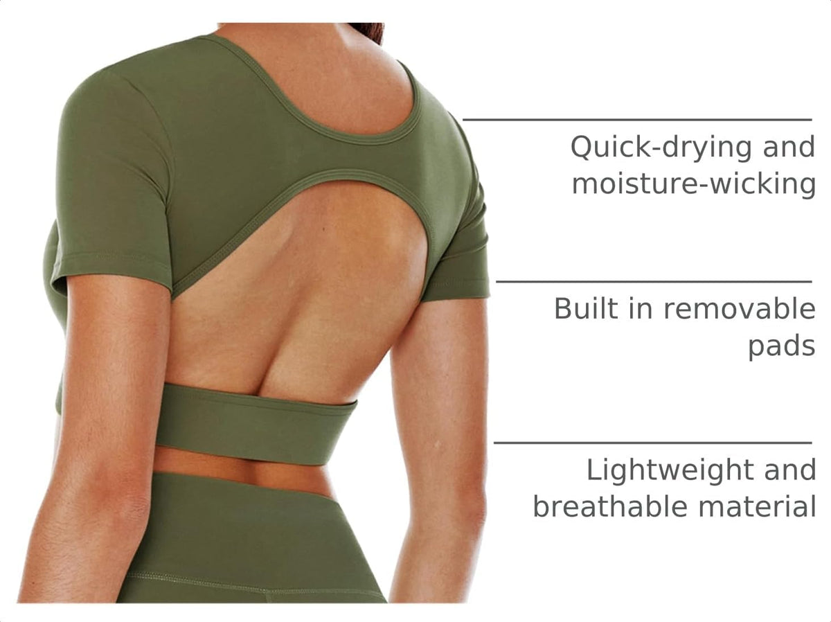 Women's Open Back Workout Crop Tops Short Sleeve Backless Bra