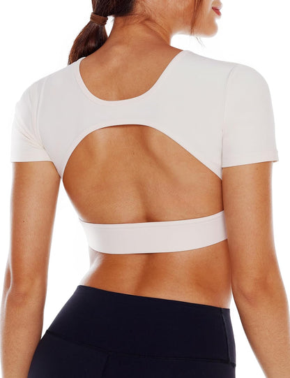 Women's Open Back Workout Crop Tops Short Sleeve Backless Bra