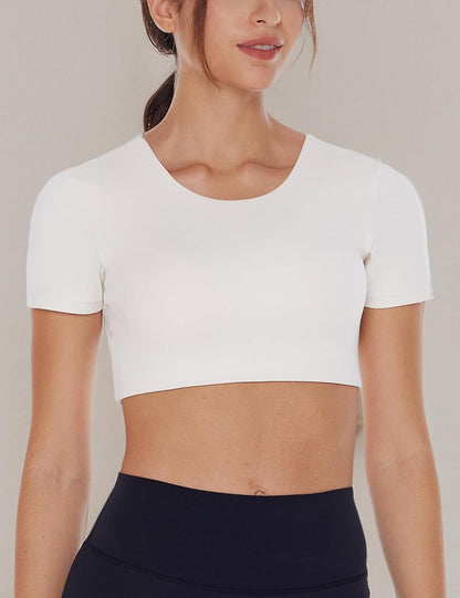 Women's Open Back Workout Crop Tops Short Sleeve Backless Bra