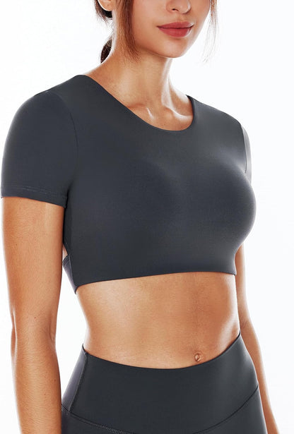 Women's Open Back Workout Crop Tops Short Sleeve Backless Bra