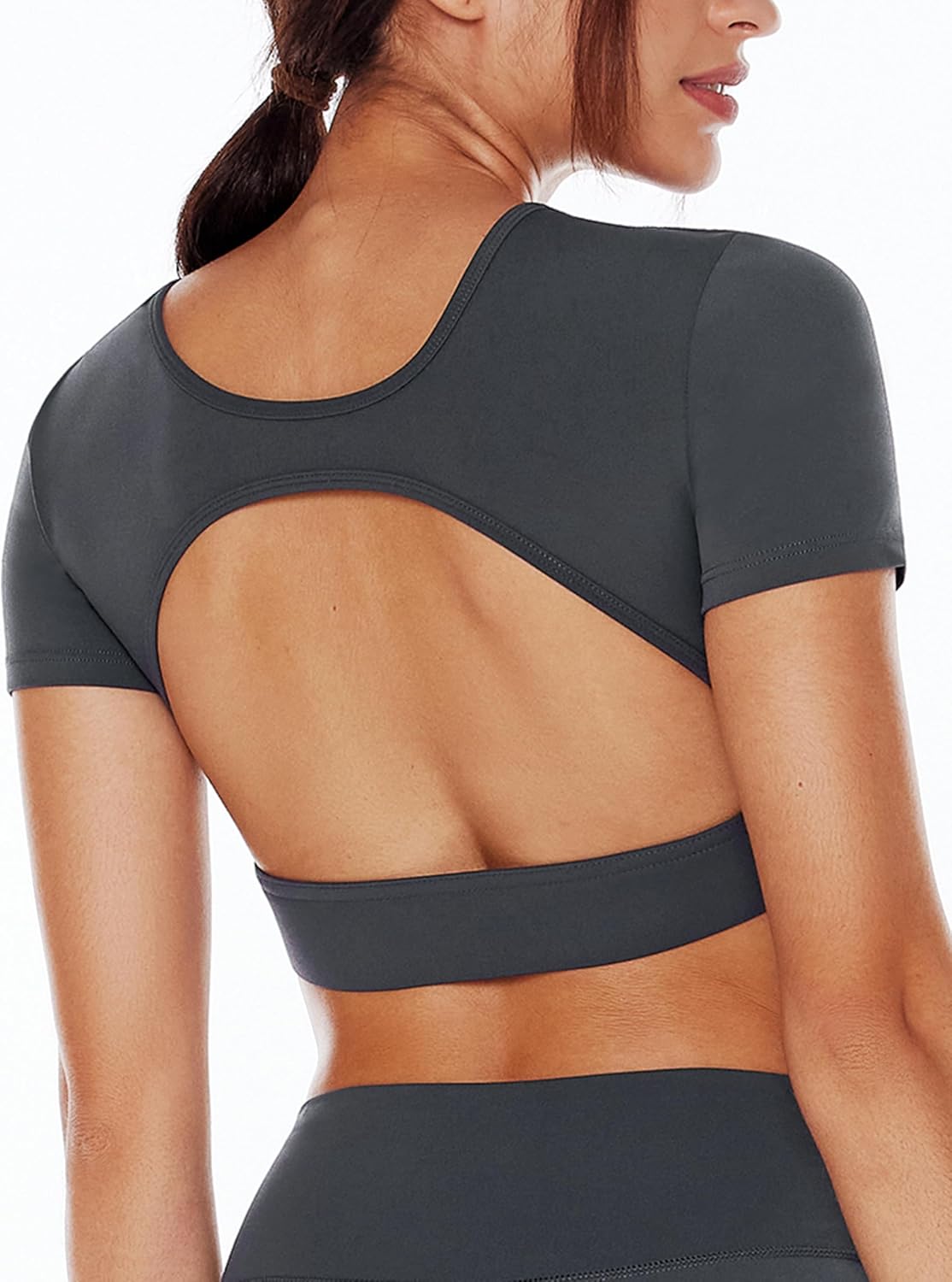 Women's Open Back Workout Crop Tops Short Sleeve Backless Bra