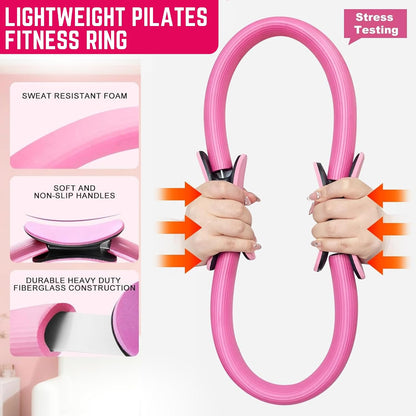 18 Pcs Pilates Kit for Home Workouts Women, 14" Magic Circle with Pilates Ring and Ball Set, 3 Fabric Resistance Bands & 5 Latex Bands for Core Strength, Toning & Flexibility.