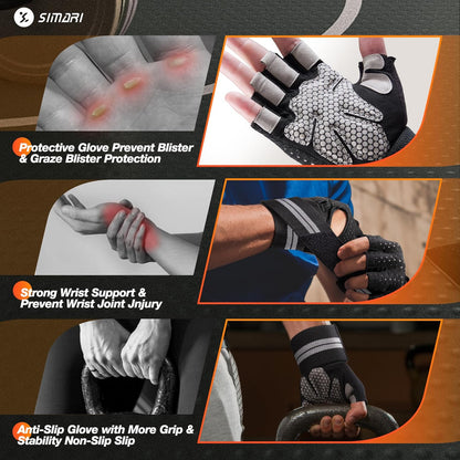 Breathable Workout Gloves for Men Women, Padded Weight Lifting Gloves with Wrist Wraps Support, Full Palm Protection, Grip for Gym Training, Fitness, Weightlifting, Exercise Fingerless Black