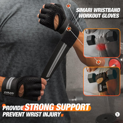 Breathable Workout Gloves for Men Women, Padded Weight Lifting Gloves with Wrist Wraps Support, Full Palm Protection, Grip for Gym Training, Fitness, Weightlifting, Exercise Fingerless Black