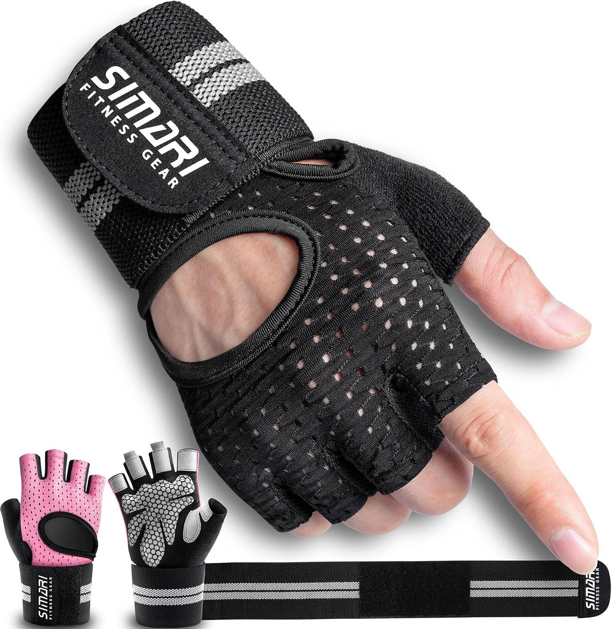 Breathable Workout Gloves for Men Women, Padded Weight Lifting Gloves with Wrist Wraps Support, Full Palm Protection, Grip for Gym Training, Fitness, Weightlifting, Exercise Fingerless Black