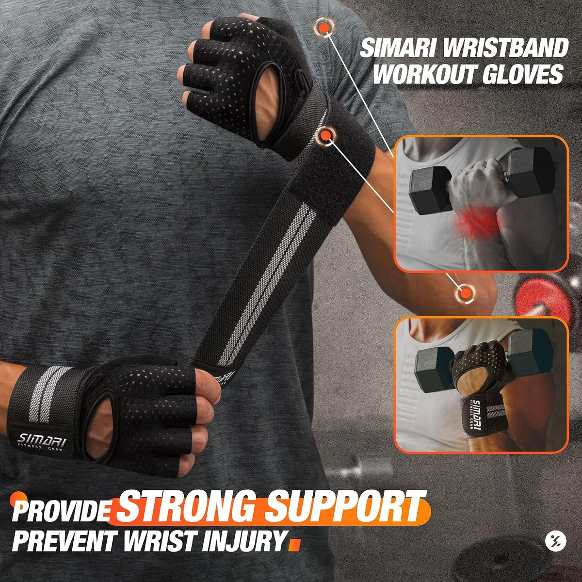 Breathable Workout Gloves for Men Women, Padded Weight Lifting Gloves with Wrist Wraps Support, Full Palm Protection, Grip for Gym Training, Fitness, Weightlifting, Exercise Fingerless Black