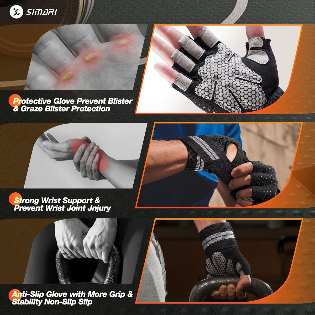 Breathable Workout Gloves for Men Women, Padded Weight Lifting Gloves with Wrist Wraps Support, Full Palm Protection, Grip for Gym Training, Fitness, Weightlifting, Exercise Fingerless Black