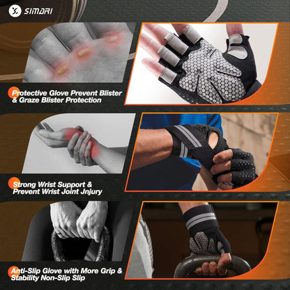 Breathable Workout Gloves for Men Women, Padded Weight Lifting Gloves with Wrist Wraps Support, Full Palm Protection, Grip for Gym Training, Fitness, Weightlifting, Exercise Fingerless Black