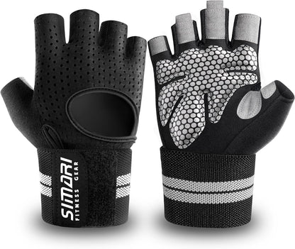 Breathable Workout Gloves for Men Women, Padded Weight Lifting Gloves with Wrist Wraps Support, Full Palm Protection, Grip for Gym Training, Fitness, Weightlifting, Exercise Fingerless Black