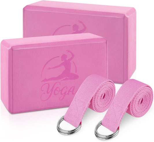 Yoga Blocks Set, High - Density Yoga Block with 2 Strap, Lightweight Foam Brick Yoga Pilates Blocks, Anti-Slip Yoga Brick with Embossed Design for Posture Adjustment and Movement Assistance