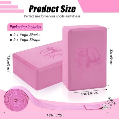 Yoga Blocks Set, High - Density Yoga Block with 2 Strap, Lightweight Foam Brick Yoga Pilates Blocks, Anti-Slip Yoga Brick with Embossed Design for Posture Adjustment and Movement Assistance