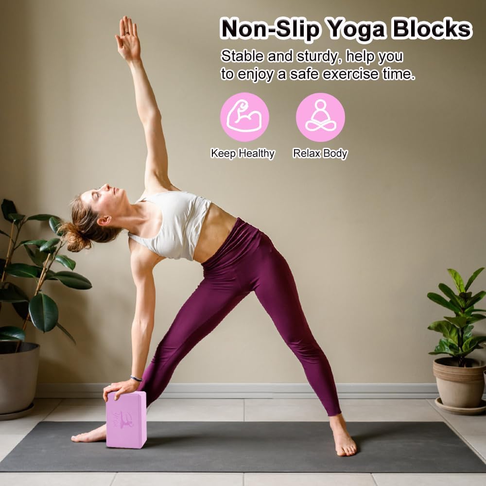 Yoga Blocks Set, High - Density Yoga Block with 2 Strap, Lightweight Foam Brick Yoga Pilates Blocks, Anti-Slip Yoga Brick with Embossed Design for Posture Adjustment and Movement Assistance