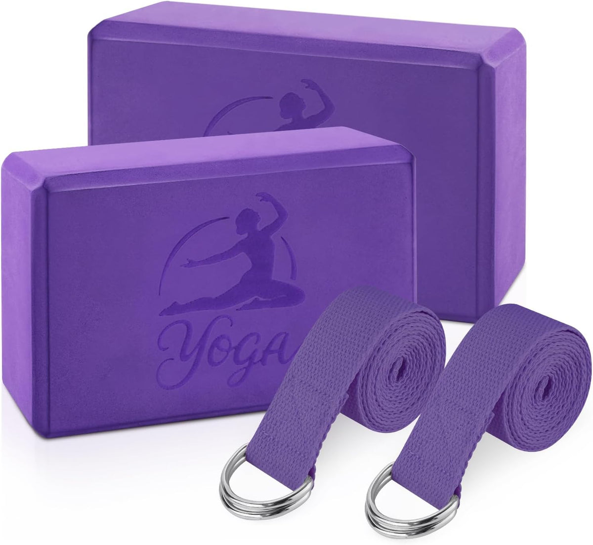 Yoga Blocks Set, High - Density Yoga Block with 2 Strap, Lightweight Foam Brick Yoga Pilates Blocks, Anti-Slip Yoga Brick with Embossed Design for Posture Adjustment and Movement Assistance