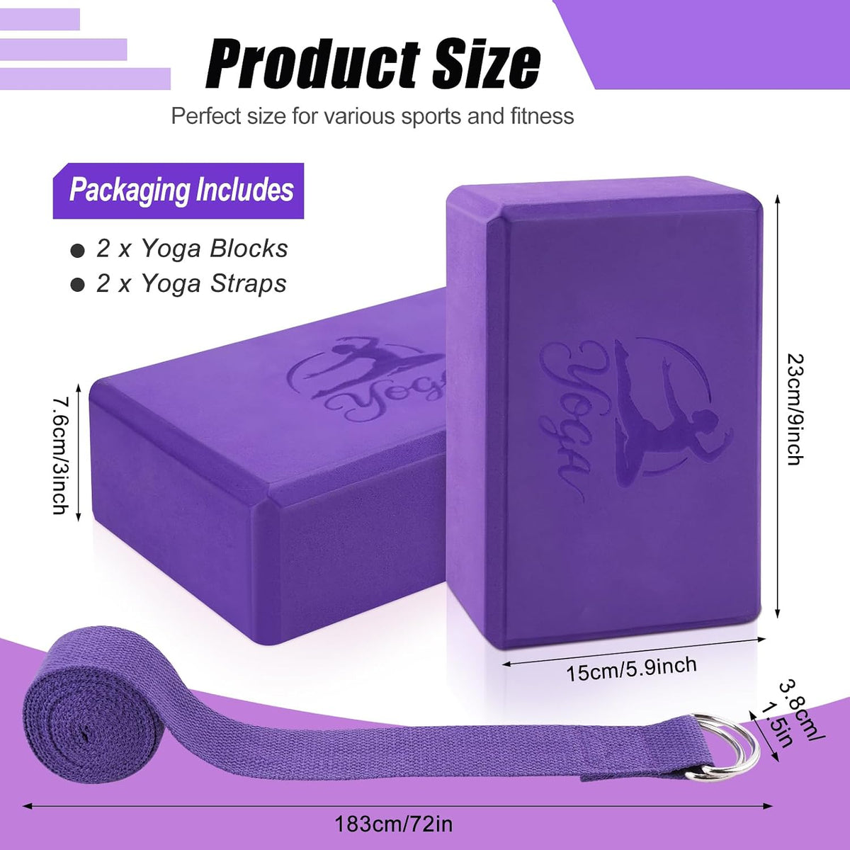 Yoga Blocks Set, High - Density Yoga Block with 2 Strap, Lightweight Foam Brick Yoga Pilates Blocks, Anti-Slip Yoga Brick with Embossed Design for Posture Adjustment and Movement Assistance