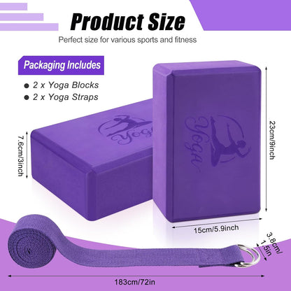 Yoga Blocks Set, High - Density Yoga Block with 2 Strap, Lightweight Foam Brick Yoga Pilates Blocks, Anti-Slip Yoga Brick with Embossed Design for Posture Adjustment and Movement Assistance