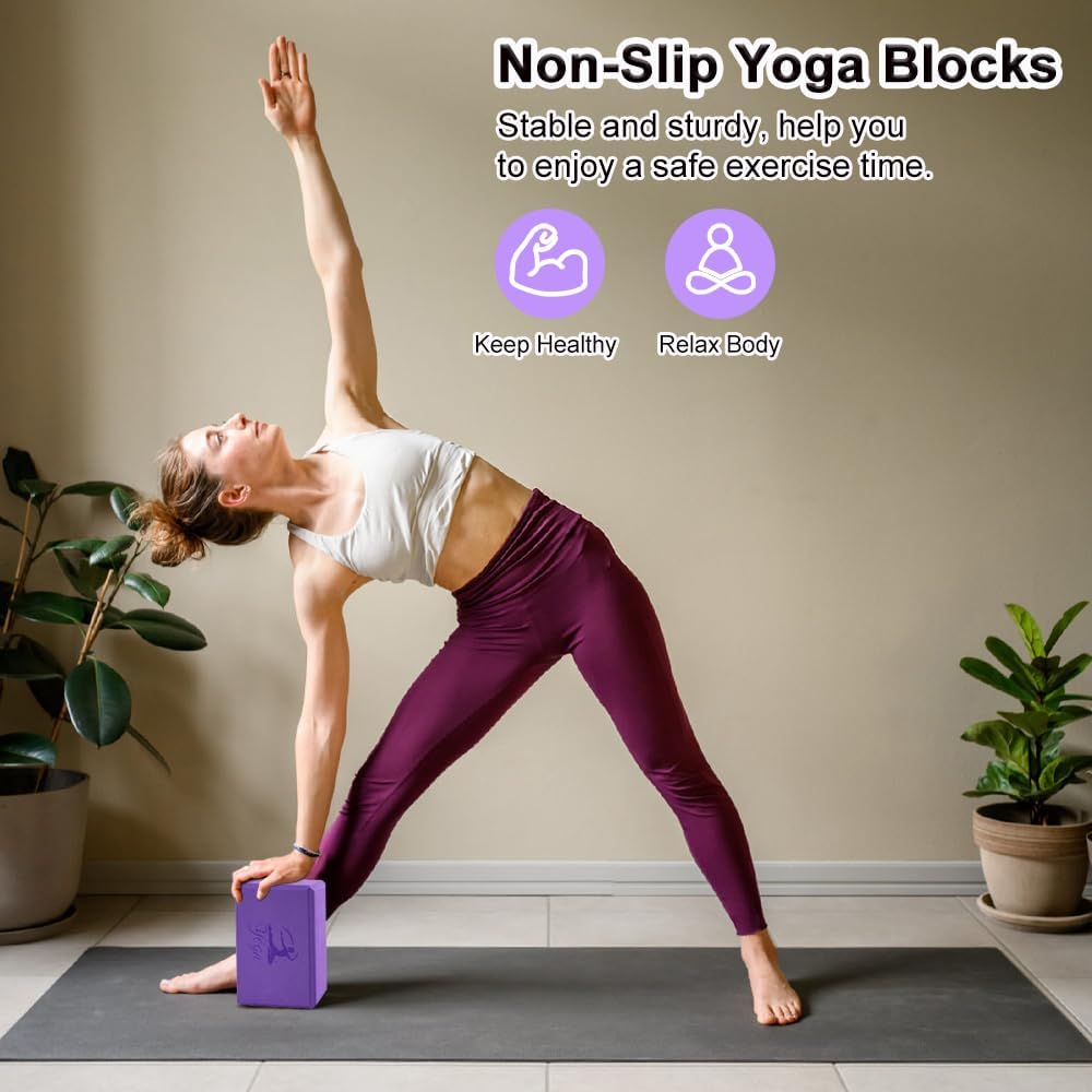 Yoga Blocks Set, High - Density Yoga Block with 2 Strap, Lightweight Foam Brick Yoga Pilates Blocks, Anti-Slip Yoga Brick with Embossed Design for Posture Adjustment and Movement Assistance