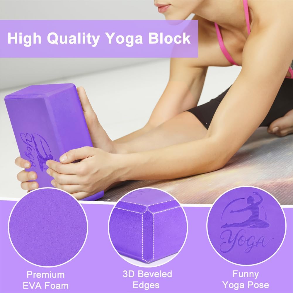 Yoga Blocks Set, High - Density Yoga Block with 2 Strap, Lightweight Foam Brick Yoga Pilates Blocks, Anti-Slip Yoga Brick with Embossed Design for Posture Adjustment and Movement Assistance