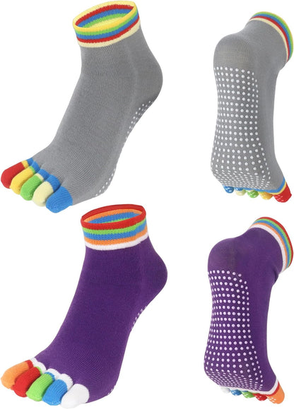 2 Pairs Non-Slip Yoga Socks for Women Non-Slip Five Toe Full-Toe Socks US 5-7.5 for Pilates, Barre