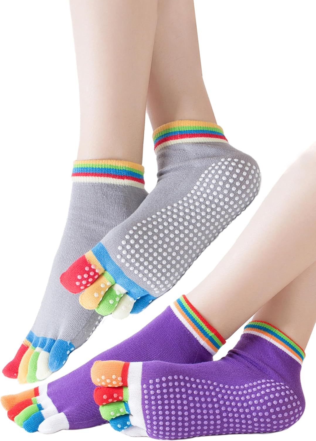 2 Pairs Non-Slip Yoga Socks for Women Non-Slip Five Toe Full-Toe Socks US 5-7.5 for Pilates, Barre