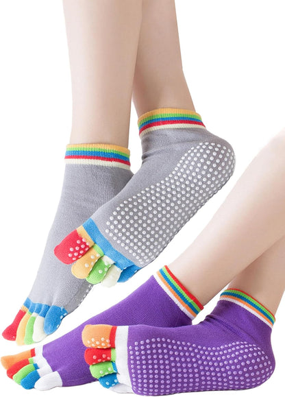 2 Pairs Non-Slip Yoga Socks for Women Non-Slip Five Toe Full-Toe Socks US 5-7.5 for Pilates, Barre