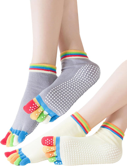 2 Pairs Non-Slip Yoga Socks for Women Non-Slip Five Toe Full-Toe Socks US 5-7.5 for Pilates, Barre
