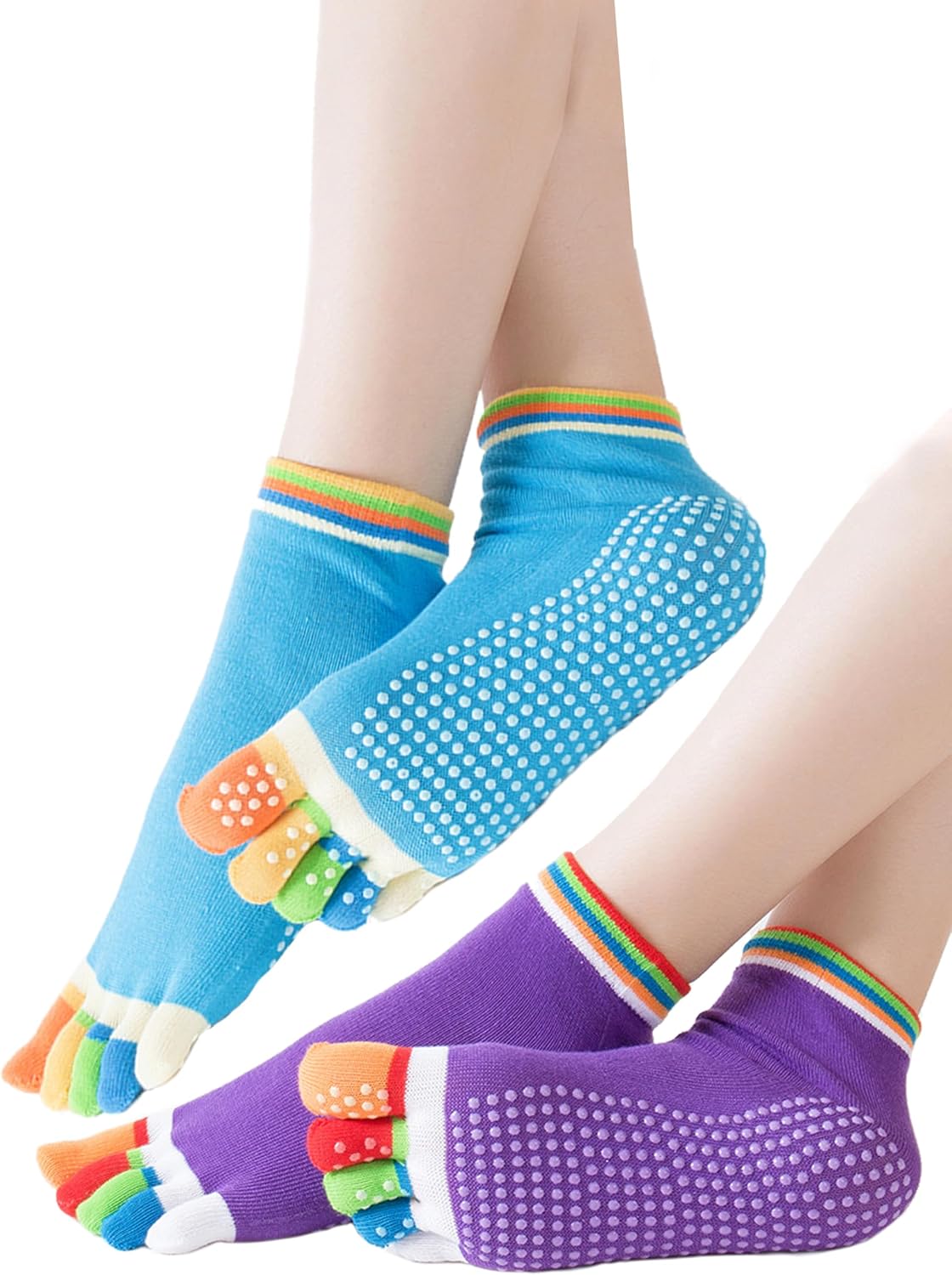 2 Pairs Non-Slip Yoga Socks for Women Non-Slip Five Toe Full-Toe Socks US 5-7.5 for Pilates, Barre