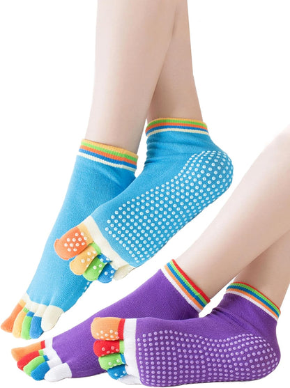 2 Pairs Non-Slip Yoga Socks for Women Non-Slip Five Toe Full-Toe Socks US 5-7.5 for Pilates, Barre