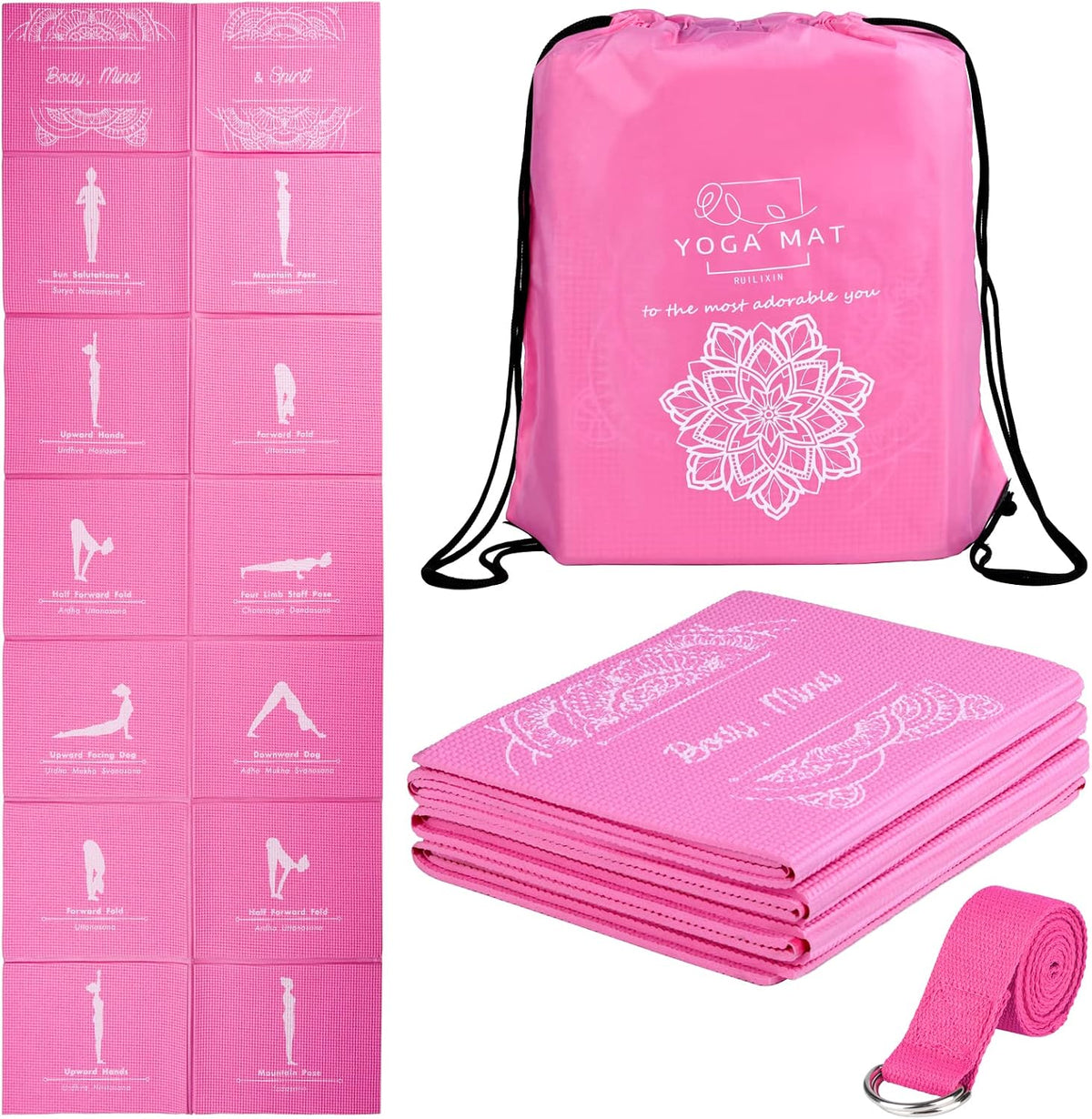 Foldable Yoga Mat for Women, Non Slip Exercise Mat for Home Gym, 5mm Travel Yoga Mats Set With Stretch Strap for Yoga Pilates and Fitness, 68"L x 24"W x 0.2 Inch Thick