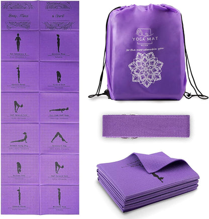 Foldable Yoga Mat for Women, Non Slip Exercise Mat for Home Gym, 5mm Travel Yoga Mats Set With Stretch Strap for Yoga Pilates and Fitness, 68"L x 24"W x 0.2 Inch Thick