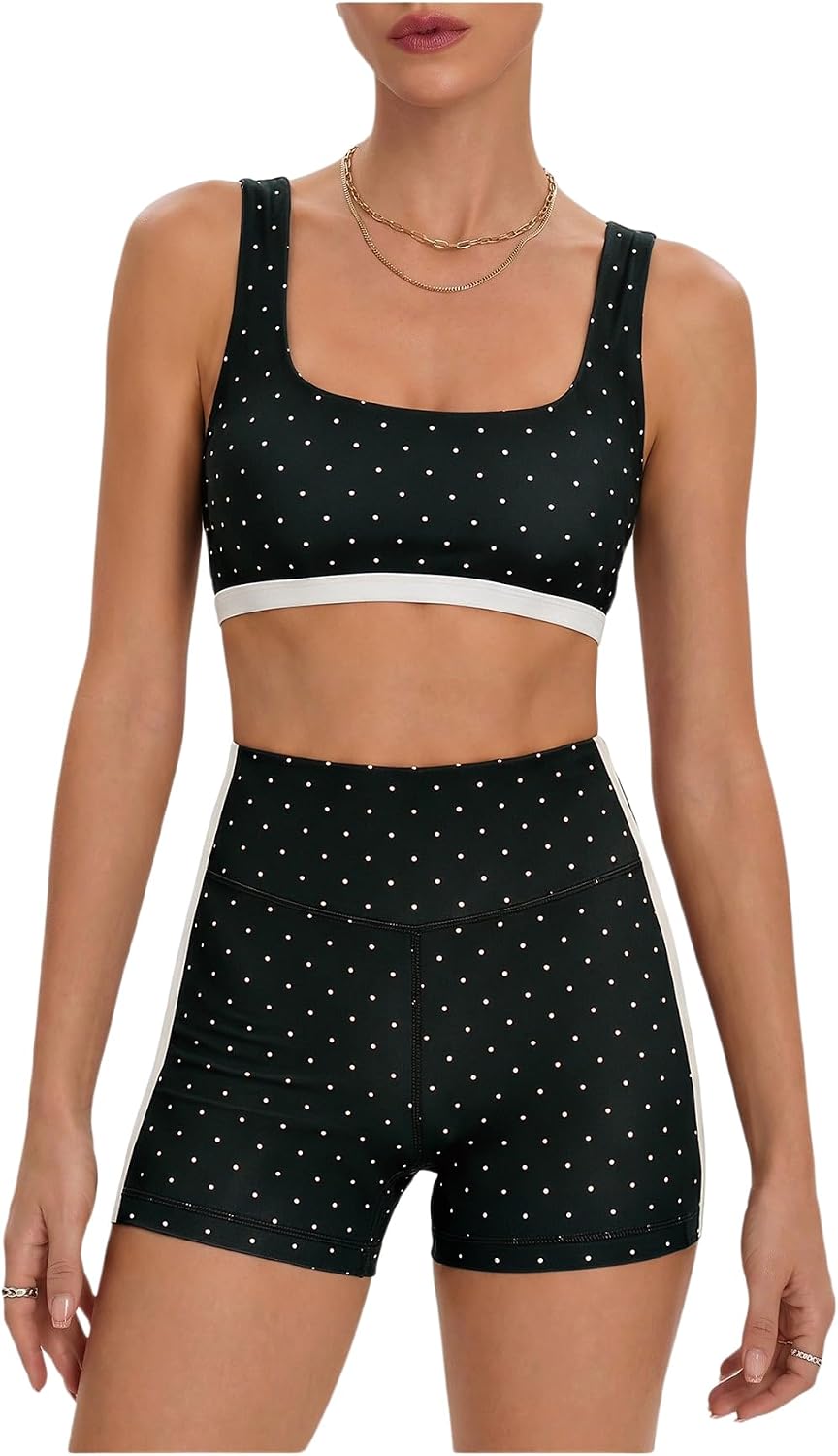 Women's Polka Dots Workout Set Layered Yoga Outfit with Shorts