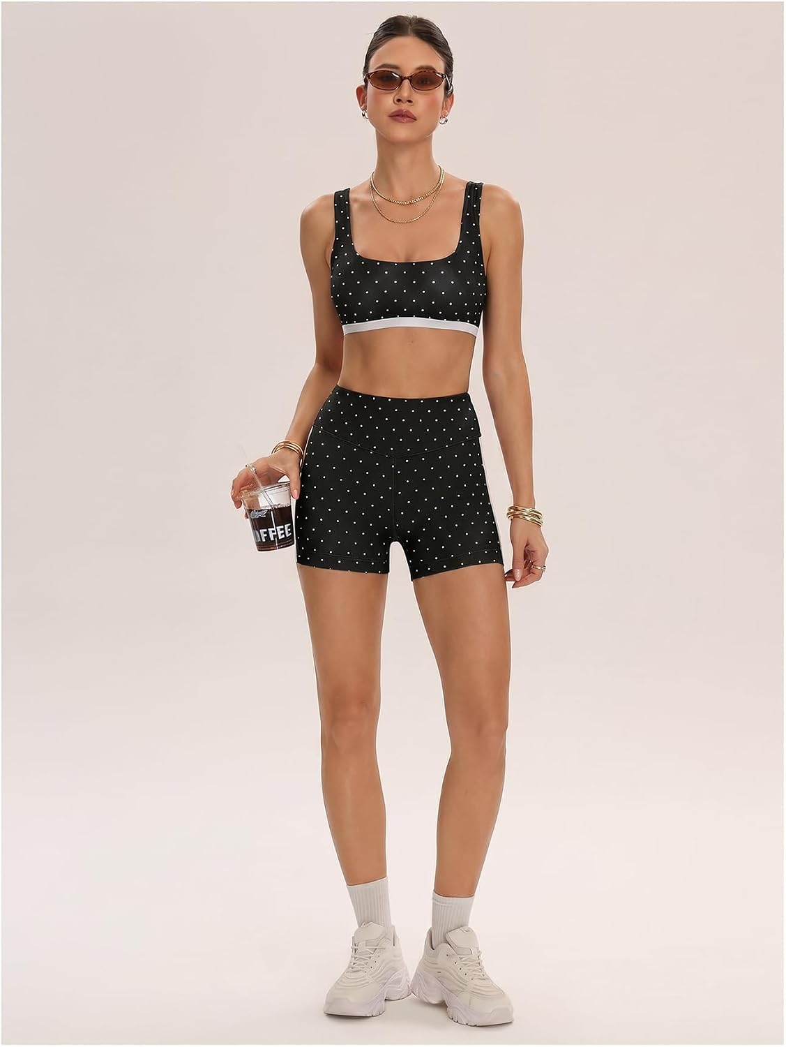 Women's Polka Dots Workout Set Layered Yoga Outfit with Shorts