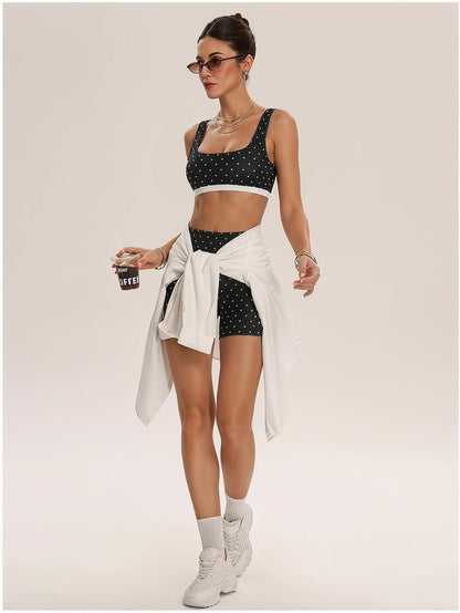 Women's Polka Dots Workout Set Layered Yoga Outfit with Shorts