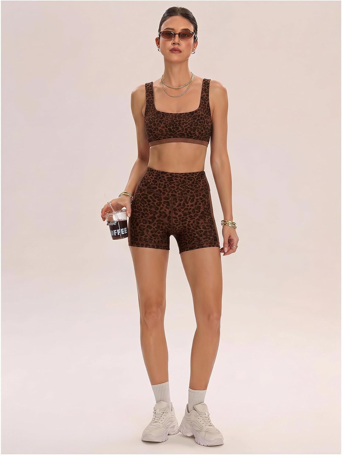 Women's Polka Dots Workout Set Layered Yoga Outfit with Shorts