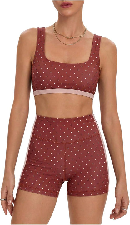 Women's Polka Dots Workout Set Layered Yoga Outfit with Shorts