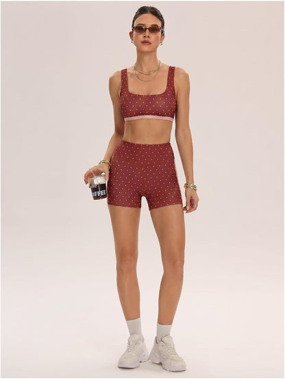 Women's Polka Dots Workout Set Layered Yoga Outfit with Shorts