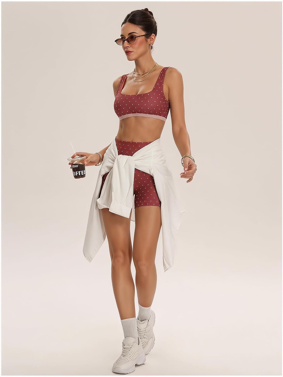 Women's Polka Dots Workout Set Layered Yoga Outfit with Shorts