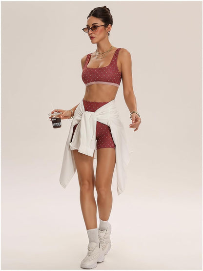 Women's Polka Dots Workout Set Layered Yoga Outfit with Shorts